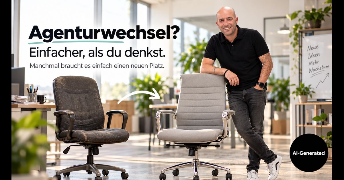 Dominik Fenzl zwischen einem alten und einem neuen Bürostuhl als Symbol für einen Agenturwechsel