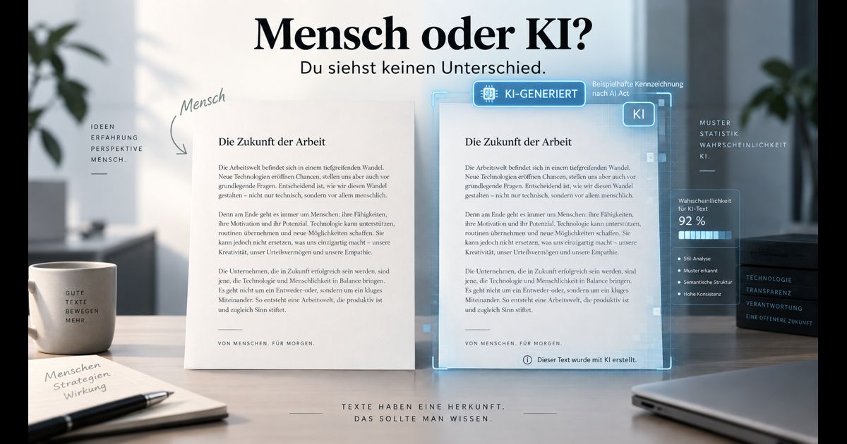 Zwei optisch gleiche Textseiten im Vergleich: Mensch oder KI